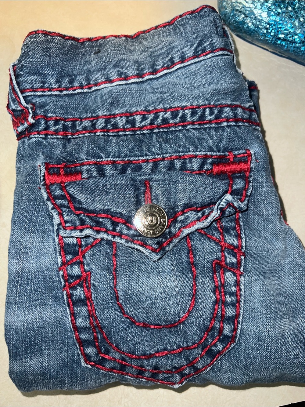 True Religion Women's Blue Denim Boyfriend Jeans with Red Stitching